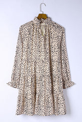 Printed Tie-Neck Flounce Sleeve Tiered Dress